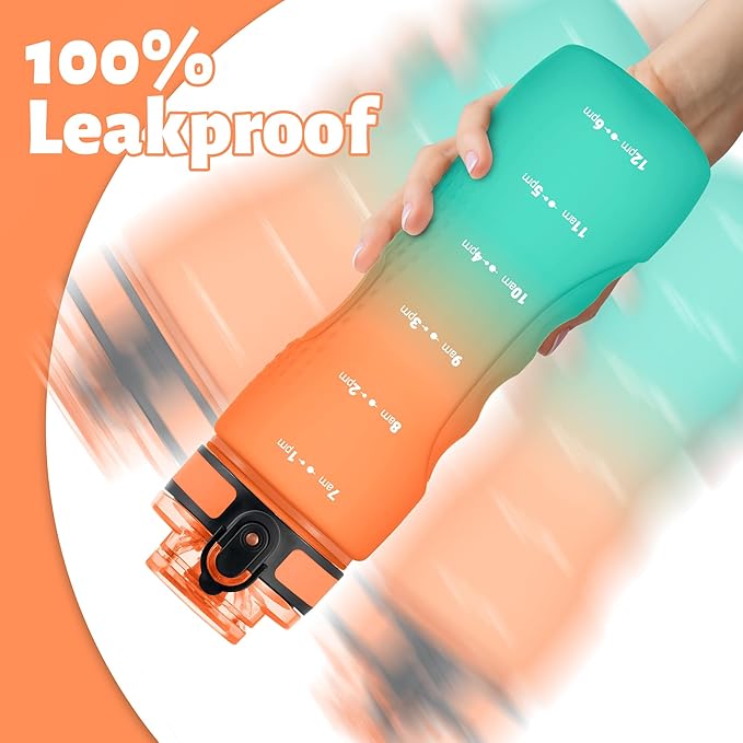OLDLEY 25 oz Water Bottle, Motivational Water Bottle with Time Marker, Sports Water Bottle With Strap, Leakproof & BPA Free Large Water Bottles for School, Gym, Travel, Outdoor, Tritan,Orange&Green