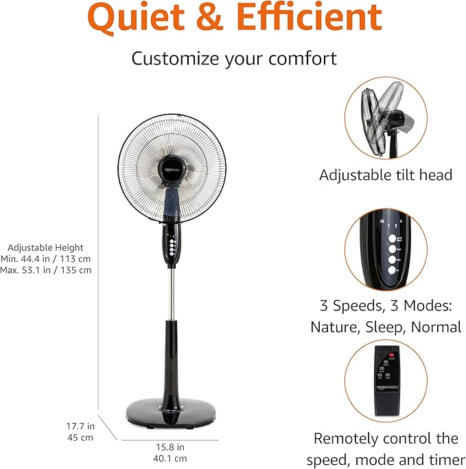 Amazon Basics 16" Pedestal Fan with Remote, Floor Fan, Standing Fan for Bedroom, Living Room, Office, with 3 Speeds, 3 Modes, Timer, Dual-Layered Blades, Adjustable Height, Tilt Head, 60W, Black