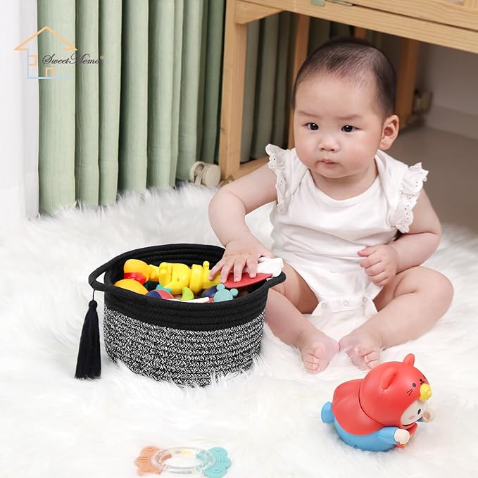 Small Gift Basket Empty to Fill – SweetMemo Mini Woven Rope Organizer Baskets for Gifting, Baby Shower, Desk, Bathroom, Shelves – Decorative Soft Bin with Gift Bag & Ribbon – Black Grey