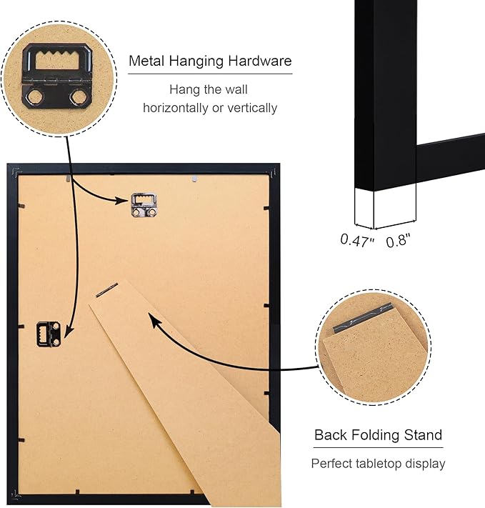 11x14 Picture Frame Set of 4, 11 x 14 Wood Photo Frames with Mat for 8x10, Wooden Frame with Real Glass Cover for Wall and Tabletop Display,Black