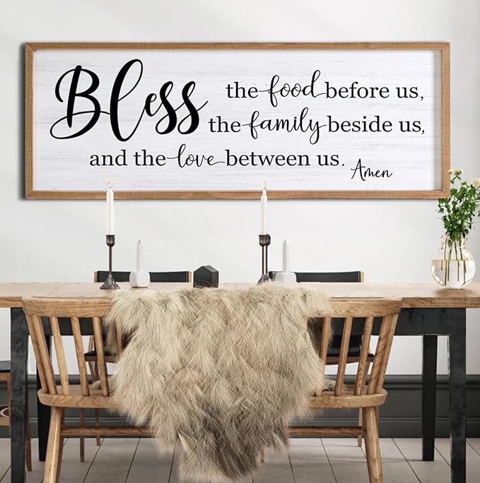 Bless the Food Before Us, the Family Beside Us, and the Love between us Framed Wall Art for Dining Room, 40''×15'' Holy Positive Religious Rustic Bible Verse for Christian God Jesus Christ Prayer