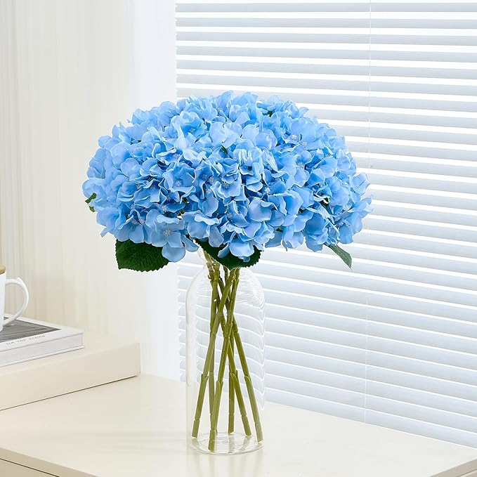 8Pcs Blue Fake Flowers Silk Hydrangea Artificial Flowers Bouquets Faux Hydrangea Stems for Home Table Centerpieces Wedding Party Decoration
