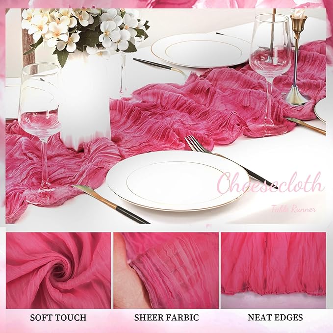 Hot Pink 12 Pack Cheesecloth Table Runner 10FT Boho Fabric Rustic Cheese Cloth Table Runner for Wedding 20 x 120 Inch Long Bridal Shower Baby Shower Gauze Sheer Birthday Party Table Decorations