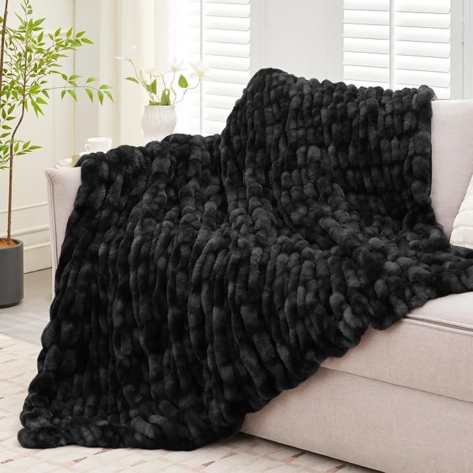 Ultra Soft Luxury Faux Fur Throw Blanket for Counch,Fuzzy Fluffy Plush Warm Cozy Elegant Wrinkled Blanket for Sofa Bedroom Living Room,（50"x60",Tie-dye Black）