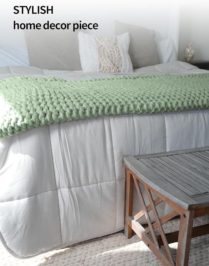 YnM Chunky Throw Blanket, Medium-Weight, Hand Knitted with Chenille Yarn, Skin Friendly, Ventilated and Breathable, Machine Washable, Home Décor Piece for Couch, Sofa and Bed (Sage Green, 40x50 Inch)