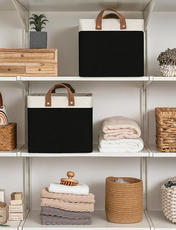 StorageWorks Storage Bins, Fabric Storage Bins for Shelves, Large Storage Baskets with Metal Frame, Closet Baskets and Bins with Handles, Black and White, 2-Pack