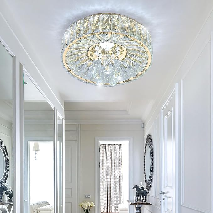 Mini Chandelier Modern Crystal Chandeliers for Hallway LED Flush Mount Ceiling Light Dimmable Light Fixture for Dining Room Living Room Bedroom