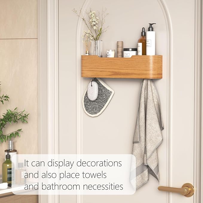 Coat Rack Wall Mount with Hidden Hooks Entryway Hanging Shelf Modern Wood Coat Hanger for Bedroom Kitchen Hallway Bathroom (Oak, 16.6 Inch Long)