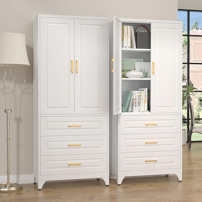 75" Kitchen Pantry Cabinet with 3 Drawer,Metal Storage Cabinets with Doors and 4 Adjustable Shelves,White Kitchen Cabinet with 2 Gold Handles,Food Cupboard for Livingroom,Pantry, Bathroom