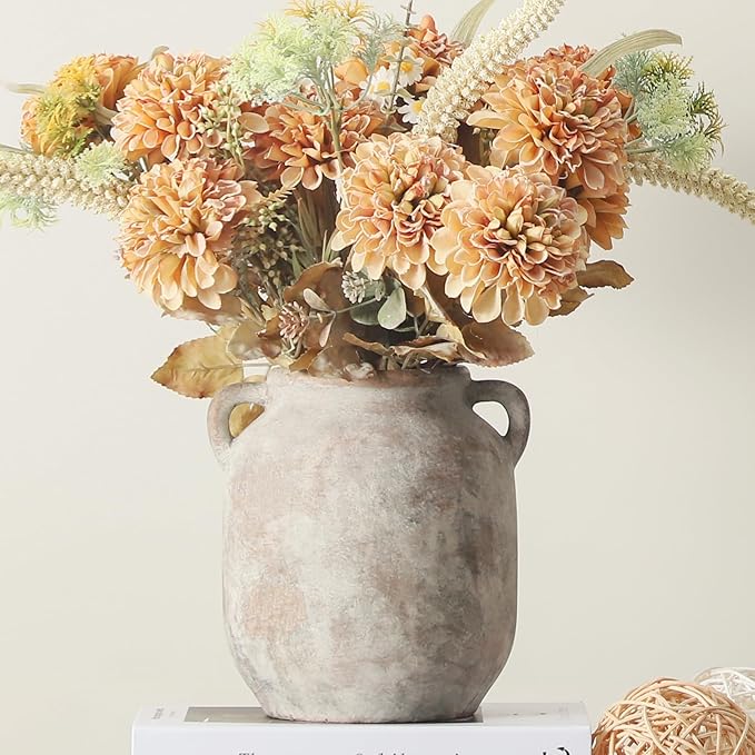 Ceramic Flower Vase Home Decor - 7.6 Inch Farmhouse Rustic Table Vases with Handle Living Room Decoration Decorative Vintage Pottery for Kitchen Shelf Coffee Dining Bookshelf Fireplace Centerpiece