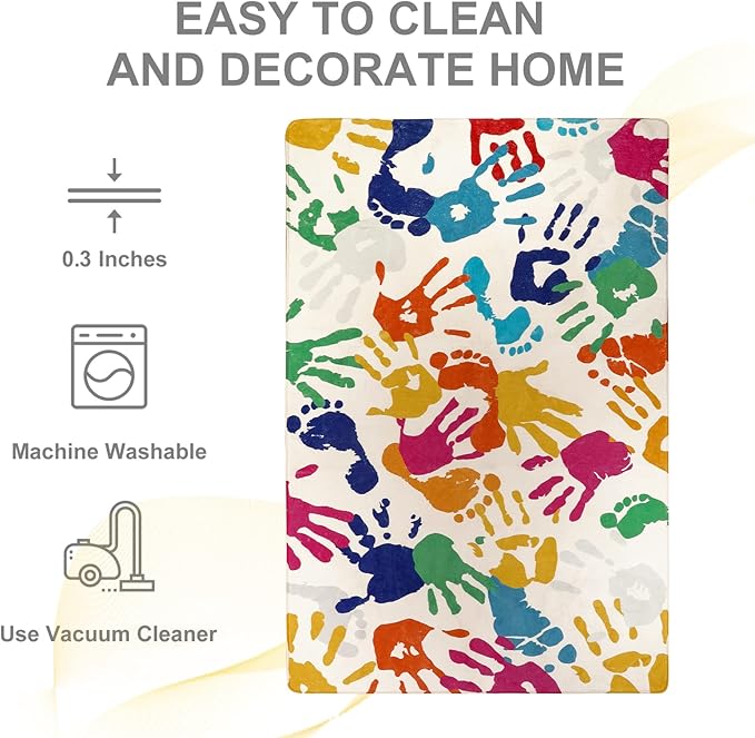 STARUIA Large Kids Rug for Playroom, 8'x10' Handprints and Footprints Colorful Rug for Classroom, Non-Slip Washable Rugs for Nursery, Soft Throw Carpet Indoor Playmat for Kids Room Dorm Bedroom