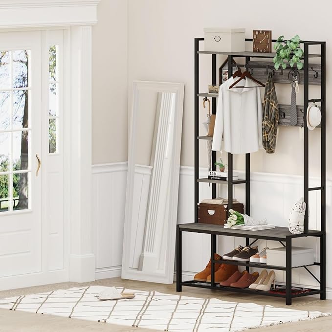 BON AUGURE Hall Tree with Bench and Shoe Storage, Entryway Bench with Coat Rack, Wooden Metal Coat Tree with Hooks, 5 in 1 Multifunctional Shoe Benches and Wall Rack (Dark Gray Oak)