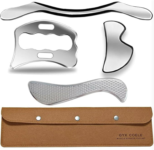 4 in 1 Stainless Steel Muscle Scraper Tool Set, IASTM Physical Therapy Massage Tools, Gua Sha Massage Scraping Tool with Storage Case