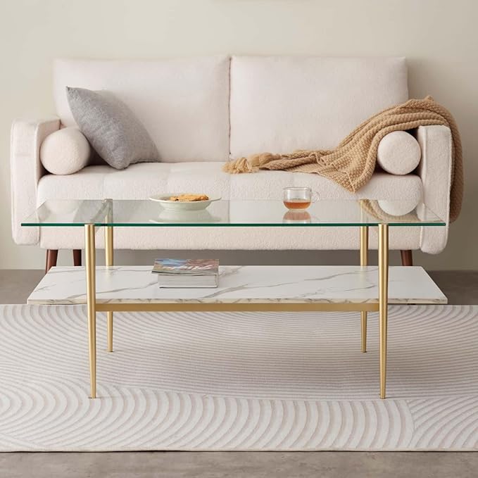 Rectangle Coffee Table for Living Room, Mid-Century Modern Design, L41 x W21 x H17, 2-Tier Structure, Clear Glass Top and White Marble Finish Wood Shelf, Conical Legs with Gold Finish