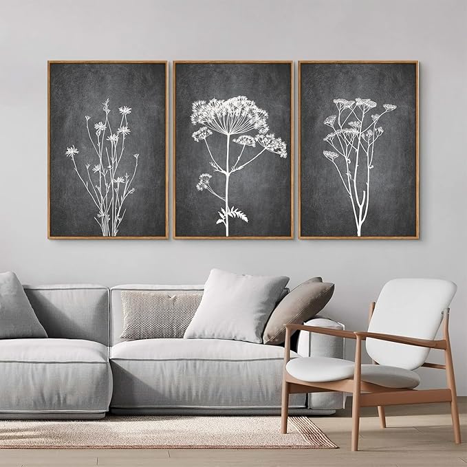 Tinonedraw Black and White Botanical Framed Canvas Wall Art Set, Vintage Floral Wall Decor, Dark Academia Minimalist Plant Art Paintings, Abstract Wildflower Art Print for Living Room Bedroom 16"x24"x3
