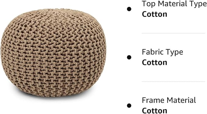 REDEARTH Round Pouf Ottoman - Hand Knitted Cable Boho Poof Home Décor Pouffe Circular Footrest for Living Room - Bedroom - Lounge - 100% Cotton (19.5"x19.5"x14") - Beige