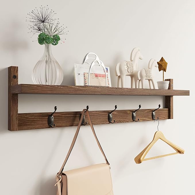 AMBIRD 28.9 Inch Length Shelf with Hooks Entryway Coat Rack Wall Mount Wood Coat Hooks with Shelf Wall-Mounted Coat Hook Rack with 5 Dual Hooks for Bathroom, Living Room, Bedroom (Brown)