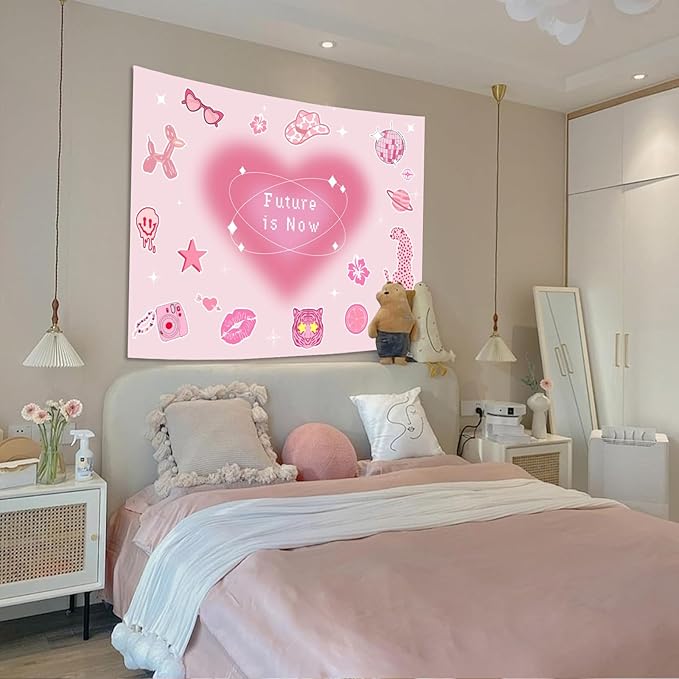 Lunerfex Y2K Tapestry Pink Wall Tapestry, Cute Tapestries for Bedroom Funny Tapestries Wall Hanging for Bedroom Living Room Decor Pink-4 44"x60"