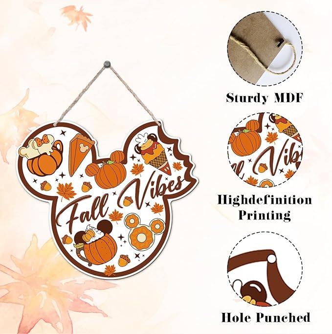 Fall Vibes Door Hanger, Fall Mouse Welcome Door Sign, Wooden Maple Leaves Mushroom Hanging Decor for Front Door, Fall Wood Wreath Wall Decors for Autumn Harvest Thanksgiving Home Decor