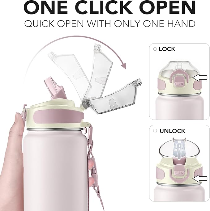 Enerbone 32 oz Insulated Water Bottle, Stainless Steel Bottle with Carrying Strap, Double-Wall Vacuum Insulation Design, Leakproof Sports Bottle with Straw, Keep Drinks Cold or Hot for Hours