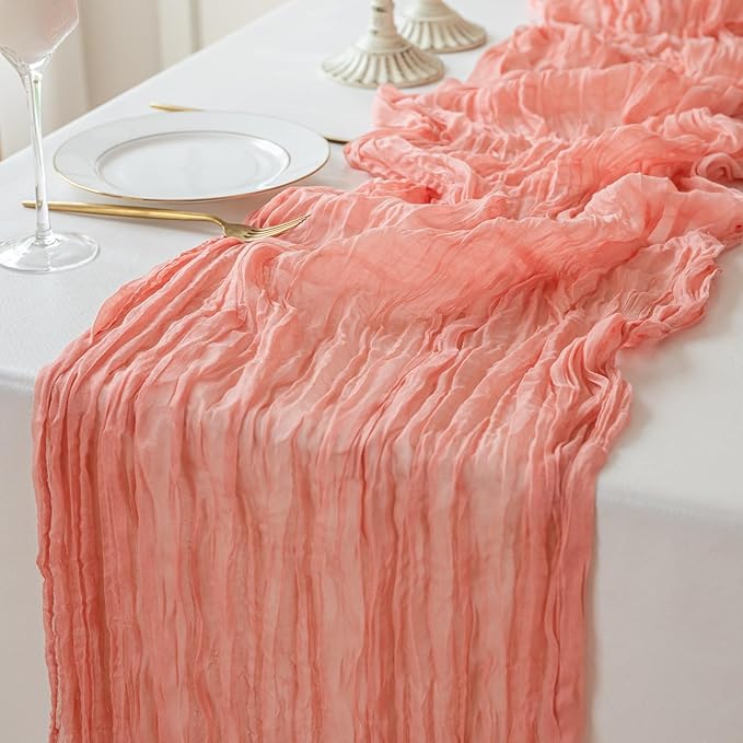 Sioloc 1 Pack Peach Coral Cheesecloth Table Runner Fall Autumn Decor for Home 10ft Table Cloth for Tea Wedding Birthday Party Baby Bridal Shower Halloween Thanksgiving