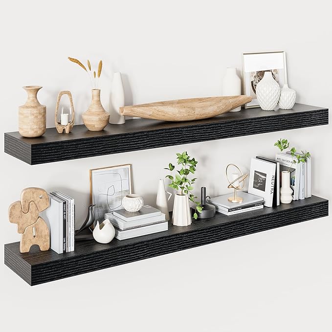 Heimlove Floating Shelves for Wall 48 Inches Long,9.3" Deep Black Floating Shelf Set of 2,Wall Mounted Wood Shelves for Bathroom Bedroom Living Room Kitchen Office,Shelf for Books Storage Room Decor