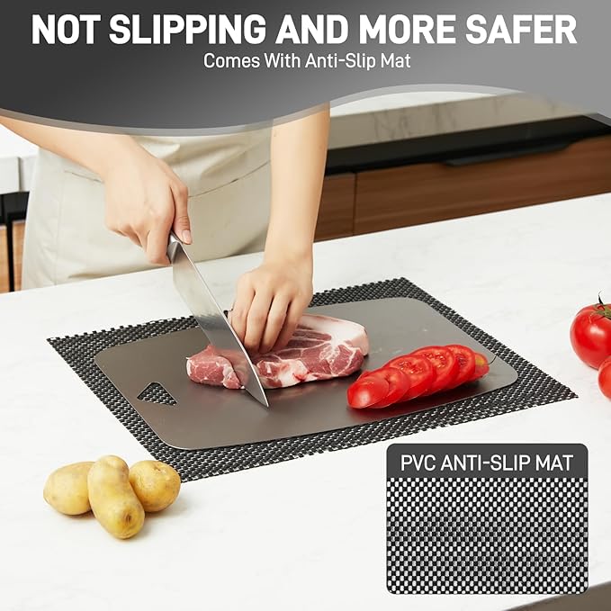 100% Pure Titanium Cutting Board, Non-Toxic Chopping Board For Kitchen, Rubber Mat, Double-Sided Pure Titanium Cutting Board for Kitchen (14"x10").