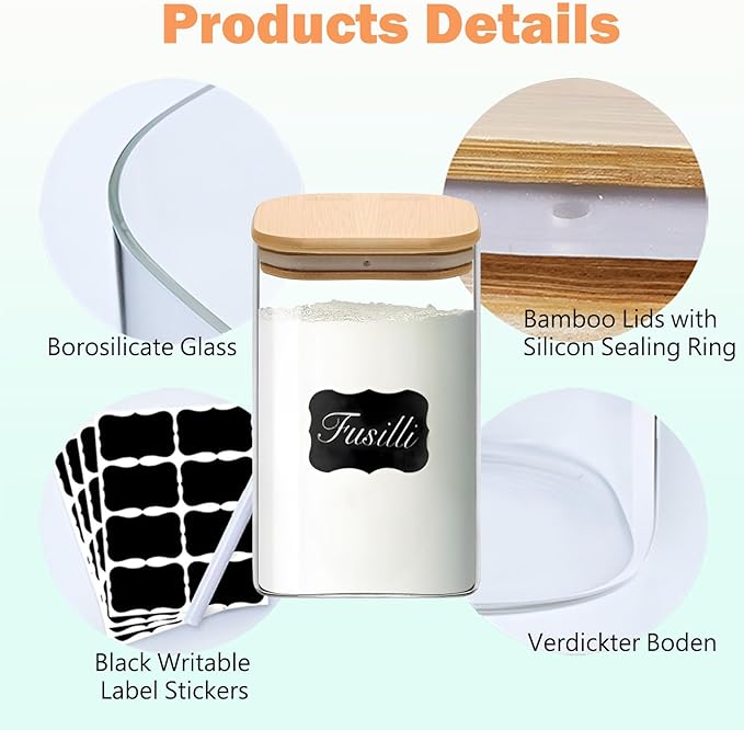 Square Glass Jars Canister with Wood Lid 37 FL OZ [Set of 4], Container Jar with Sealing, Lids for Oat Pasta Flour Cereal Rice Sugar Tea Coffee Beans, Best for Kitchen & Pantry