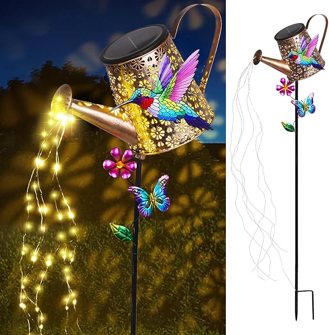 Solar Lights Outdoor Decorative,Metal Solar Watering Can Lights with Hummingbird, Waterproof Garden Stake for Yard Lawn Patio Pathway Landscape