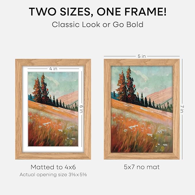 Homeforia 5x7 Picture Frame Wood, High End Natural Oak 5x7 Light Wooden Frames with Mat 4x6 for Photo, 5 x 7 Frame Matted to 4 x 6 Print, 7x5 Wall or Tabletop Frame, Tempered Glass, Wall Kit, Set of 1