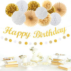 White-Gold Champagne Birthday Party-Decorations Paper-Flowers - 14pcs Happy Banner Engagement Honeycomb Tissue Pom Poms,Women Streamers Garland Beige Fans,21st 18th Girl Hanging Supplies Decor Hugfond