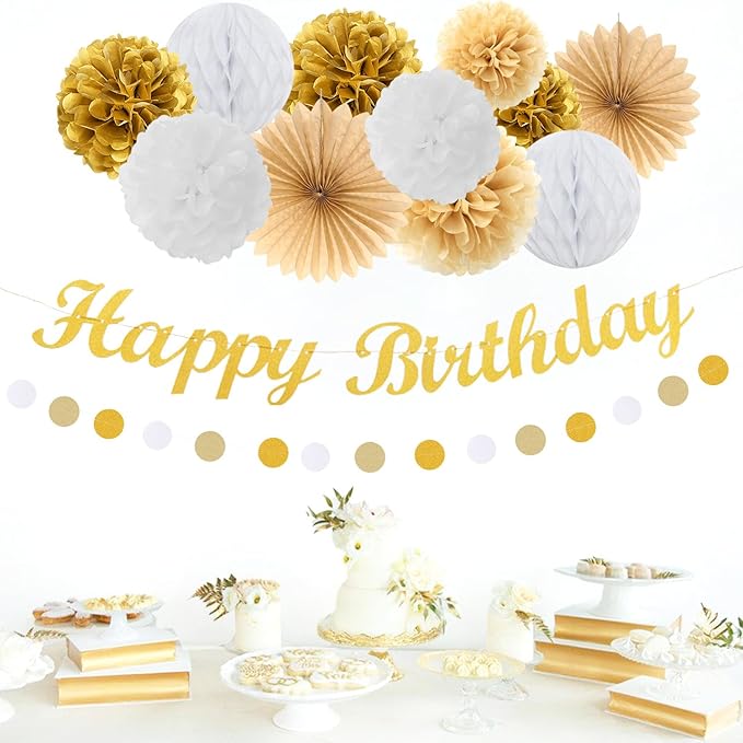 White-Gold Champagne Birthday Party-Decorations Paper-Flowers - 14pcs Happy Banner Engagement Honeycomb Tissue Pom Poms,Women Streamers Garland Beige Fans,21st 18th Girl Hanging Supplies Decor Hugfond