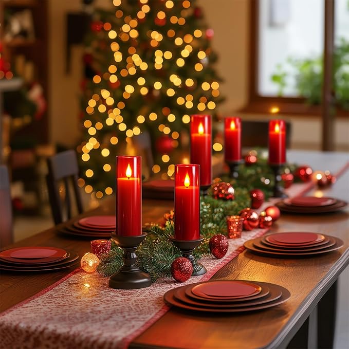 Amagic Christmas Red Flameless Candles, Battery Operated Candles with Remote and Timer, Acrylic Flickering LED Candles for Thanksgiving Decor, D2.2''xH5''6" 7", Set of 9