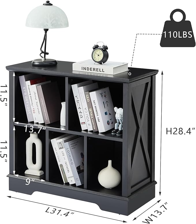 Farmhouse 5 Cube Bookshelf, Black Storage Organizer Bookcase, Kids Toy Storage Cabinet, Small Bookshelves Storage Organizer Shelf, Wood Display Cabinet Book Shelves for Bedroom,Living Room,Office