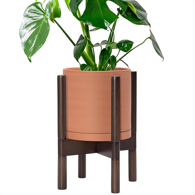 D'vine Dev Terracotta Planter with Walnut Color Stand - 8 Inch Modern Round Flower Pot with Wood Planter Holder, Terracotta, 55-B-Y-5
