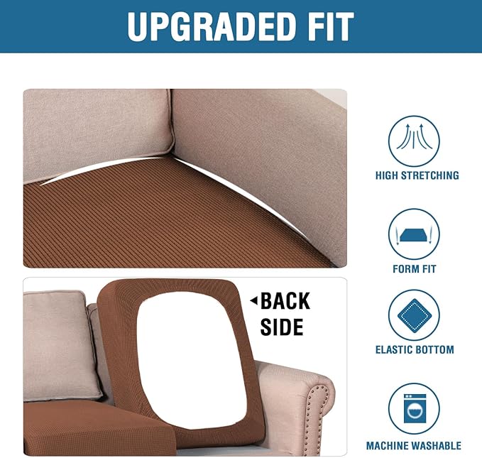 H.VERSAILTEX Super Stretch Individual Seat & Couch Cover Sets - Thick Jacquard Textured Twill Fabric (2 Piece Large Sofa Cushion Covers, Caramel)