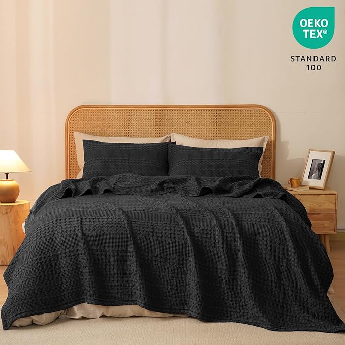 PHF 100% Cotton Waffle Weave Blanket Queen Size, Soft Lightweight Breathable Cozy Summer Blankets for Bed, Luxury Aesthetic Woven Bedding for Home Decor, 90"x90", Black