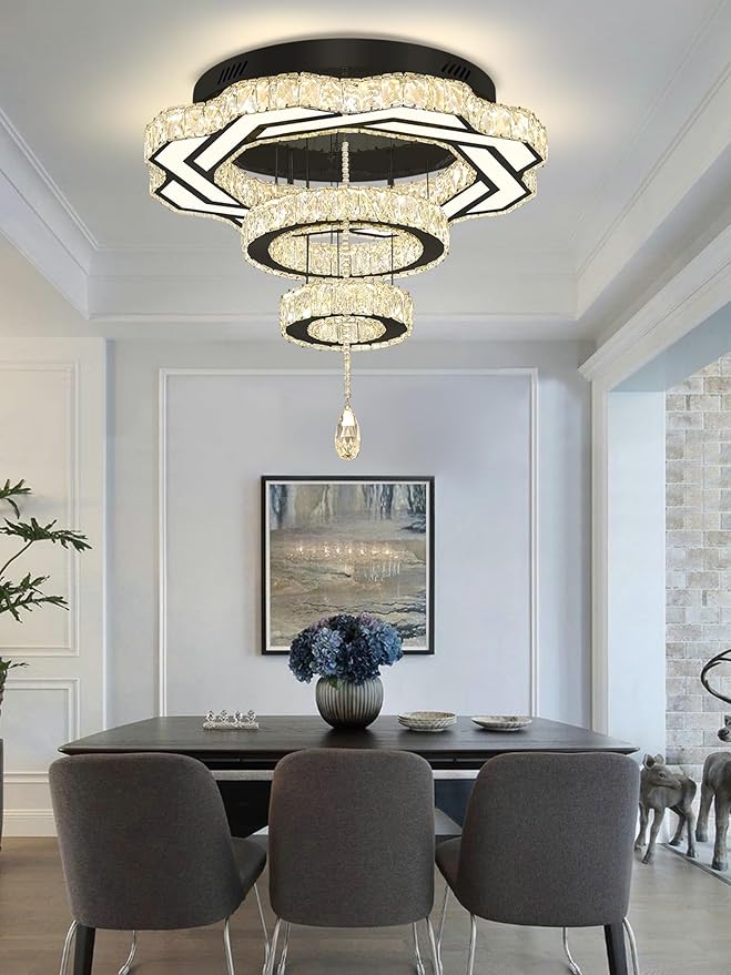 Flashing God Modern Crystal Chandeliers Dia 24" Black Chandelier Flush Mount Ceiling Light for Bedroom Living Room Dining Room Hallway Dimmable 3 Rings LED Celing Lighting Fixtures