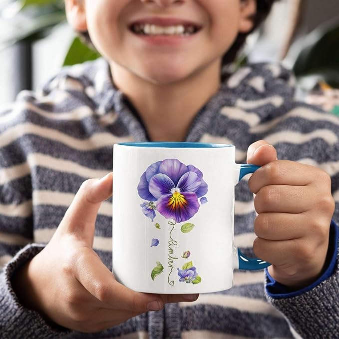Pansy Design Ceramic Cup, Personalized Name Flower Themed Mug, Custom Coffee Cup For Pansy Flower Lover, Customized Floral Accent Mug 11oz 15oz, Pansy Cup Gift For Daughter