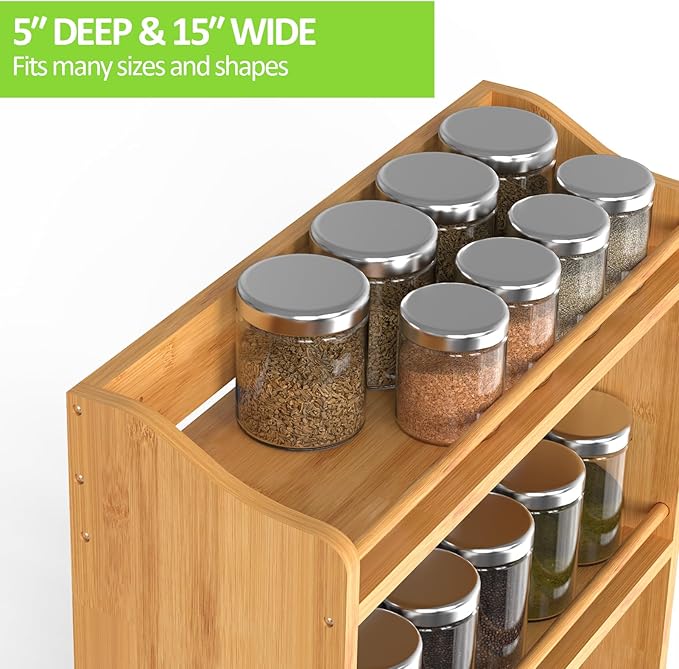 Bamboo Spice Rack Organizer, 3 Tier Spice Jars Shelf for Kitchen Countertop or Wall Mounting