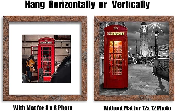 12x12 Picture Frame Set of 6, Display Pictures 8x8 with Mat or 12x12 Without Mat for Wall Mounting,Rustic Brown