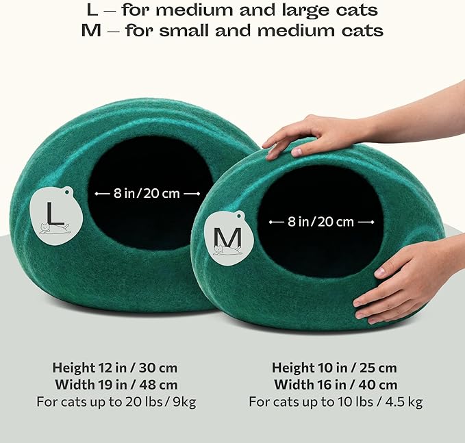 MEOWFIA Cat Cave – Premium Felt Cat Bed for Indoor Cats, Handmade 100% Merino Wool (Medium, Emerald)