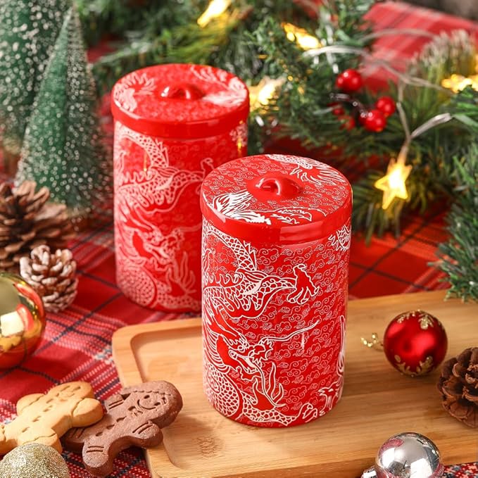 Porlien Chinese Dragon Porcelain 15-ounce Canisters Set of 2, Food Storage Containers with Lid for Coffee Beans, Tea, Condiments & Nuts