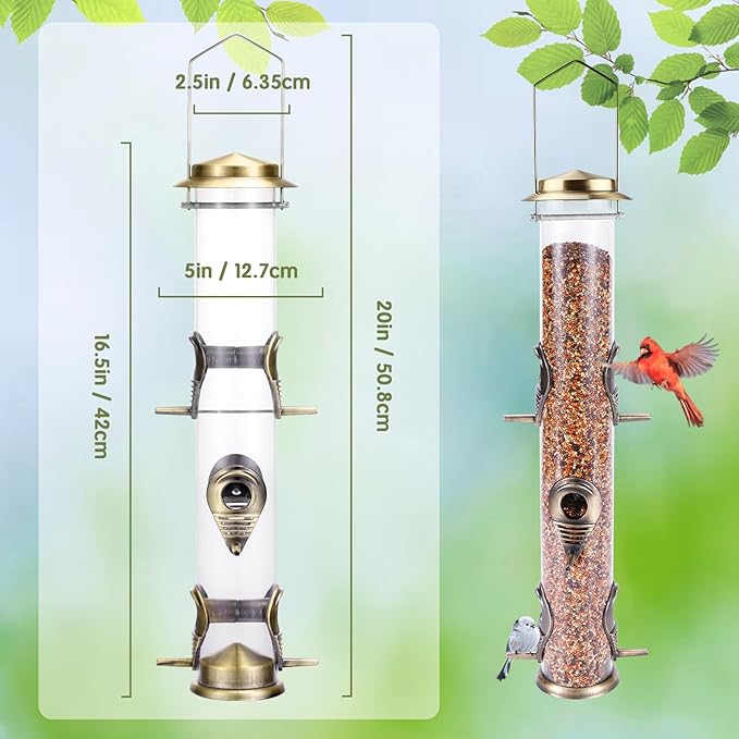 MIXXIDEA 2PK Metal Wild Bird Feeder Squirrel Proof Bird Feeders for Outside Hanging 6 Port Tube Bird Feeder Transparent Finch Feeder with Steel Hanger (Bronze)