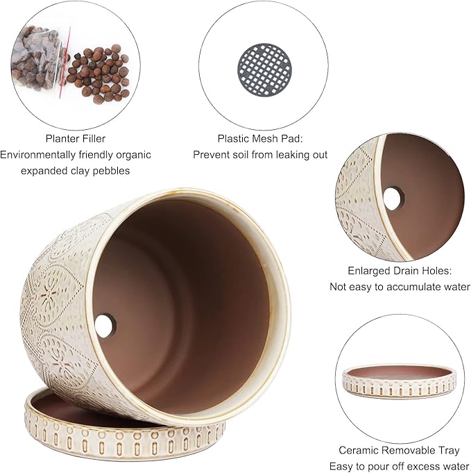 8 Inch Indoor Plant Pot with Drainage Holes and Saucers, Ceramic Planter for Plants, Succulent Orchid Flower Pots