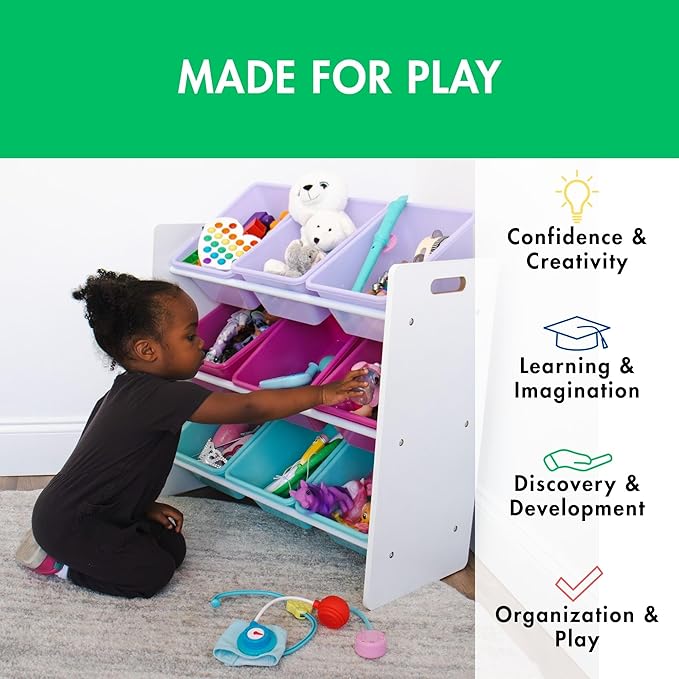 Humble Crew 9-Bin Toy Organizer – Forever Natural White/Pink/Purple/Aqua Plastic Bins, 3-Tier Storage Solution for Kids' Playrooms and Nurseries