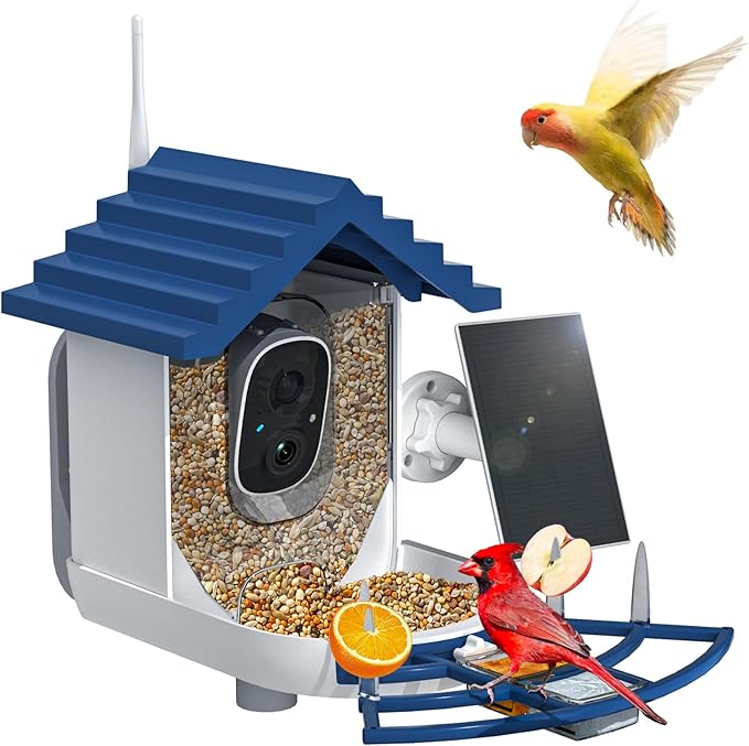 Smart Bird Feeder with Camera Solar Powered & AI Bi rd Identification, 2.4Ghz WiFi Bird feeders for Outdoors, 2K Live Video, Nstant Arrival Alerts - Best Gifts for Bi rd Lovers（Indigo Blue）