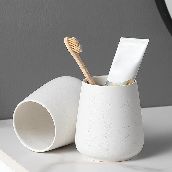Speckled White Ceramic Toothbrush Holder - Bathroom Tooth Brushing Holders, Toothbrush Cup, Toothpaste Organizer for Bathroom Countertop, Makeup Brush Holder, Pen Holder for Home Desktop Storage