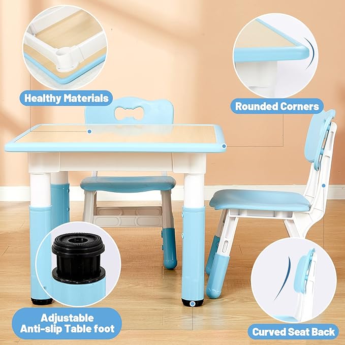 FUNLIO Kids Table and 4 Chairs Set, Height Adjustable Toddler Table and Chair Set for Ages 3-8, Easy to Wipe Arts & Crafts Table, for Classrooms/Daycares/Homes, CPC & CE Approved (5-Piece Set) - Blue