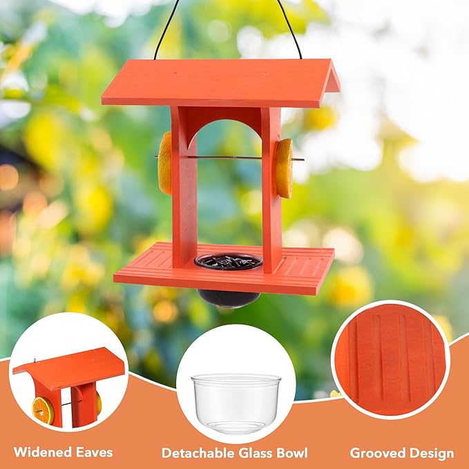 Oriole Feeder for Outdoors Hanging with Gift Box, Durable Plastic Oriole Jelly Feeder with Fruit Holder & 6oz Glass Bowl, Bird Feeder for Orioles with Roof Rain Protection for Garden, Patio, Backyard